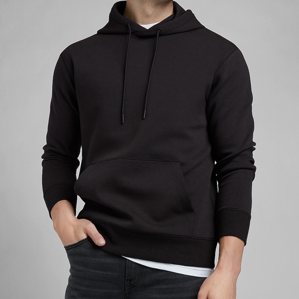 EXPRESS Solid Double Knit Relaxed Hoodie - BLACK - Picture 1 of 9
